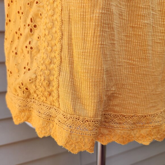 Knox Rose Mustard Yellow Mixed Media Blouse Eyelet Ribbed Tie-Neck Tassel - Picture 7 of 13